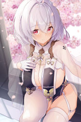 Rule 34 | 1girl, azur lane, braid, breast curtains, breasts, cherry blossoms, china dress, chinese clothes, dress, flower, garter straps, gloves, grey dress, hair flower, hair ornament, half gloves, highres, large breasts, leer.meer, looking at viewer, medium hair, pelvic curtain, red eyes, revealing clothes, ribbon between breasts, see-through, see-through sleeves, side braid, sideboob, sirius (azur lane), sirius (azure horizons) (azur lane), sitting, two-tone leotard, white gloves, white hair