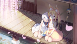Rule 34 | 2girls, animal ear fluff, animal ears, blonde hair, brown eyes, camisole, cherry blossoms, cup, doorway, dress, drinking glass, drinking straw, closed eyes, fox ears, fox girl, fox tail, hand fan, head on another&#039;s shoulder, highres, horns, long hair, looking down, multiple girls, original, outdoors, paper fan, petals, shokupan (slvk12), short hair, sitting, sleeveless, sleeveless dress, smile, strap slip, sundress, tail, tatami, twintails, veranda, white camisole, white dress, white hair, wind chime