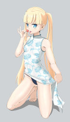 Rule 34 | 1girl, :p, absurdres, bare shoulders, barefoot, blonde hair, blue eyes, blunt bangs, breasts, candy, china dress, chinese clothes, clothes lift, dress, dress lift, feet, floral print, food, highres, huoying huihui, kneeling, lifted by self, lollipop, long hair, original, panties, see-through, simple background, sleeveless, sleeveless dress, small breasts, solo, string panties, tiptoes, tongue, tongue out, twintails, underwear, very long hair, white dress