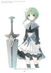 1girl absurdres apron black_shirt black_skirt black_socks capelet crying crying_with_eyes_open green_eyes green_hair grey_capelet highres long_sleeves official_art page_number parted_lips planted planted_sword planted_weapon shirt short_hair_with_long_locks shuumatsu_nani_shitemasu_ka? sidelocks skirt socks solo standing sword tears third-party_source tiat ue waist_apron weapon white_apron