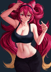 Rule 34 | 1girl, :3, animal ears, arm above head, arms up, artist name, black bra, black hairband, black nails, black pants, black sports bra, blue background, bra, breasts, cleavage, closed mouth, collarbone, cowboy shot, facial mark, female focus, fingernails, hairband, indie virtual youtuber, large breasts, lion ears, lion girl, long fingernails, long hair, looking at viewer, lunaria ayaren, mana (manasenshou), matching hair/eyes, midriff, multicolored hair, nail polish, naughty face, navel, nose, orange hair, pants, red eyes, red hair, red nails, sharp fingernails, simple background, slit pupils, solo, sports bra, twintails, two-tone hair, underwear, virtual youtuber
