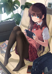 Rule 34 | 1girl, bag, black pantyhose, blue eyes, blush, bow, bowtie, brown hair, collared shirt, commentary request, controller, couch, day, hair ornament, hairclip, highres, holding, holding controller, indoors, knees up, lips, long hair, looking at viewer, magazine (object), nintendo switch, original, pantyhose, parted lips, phone, plant, pleated skirt, red bow, red bowtie, red skirt, red vest, school bag, school uniform, shirt, short sleeves, sitting, skirt, smile, solo, unasaka ryou, vest, white shirt