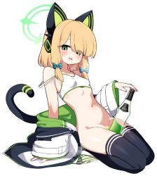 Rule 34 | 1girl, :d, absurdres, alcohol, animal ear headphones, animal ears, bare shoulders, black thighhighs, blonde hair, blue archive, blush, bottle, bottomless, bra, breasts, cat ear headphones, fake animal ears, green eyes, groin, halo, headphones, highres, jacket, lettu, long hair, looking at viewer, midori (blue archive), name connection, navel, object namesake, off shoulder, open mouth, panties, seiza, simple background, sitting, small breasts, smile, solo, sports bra, strap slip, striped clothes, striped panties, sweat, tail, thighhighs, underwear, unworn panties, wakamezake, white background, white bra