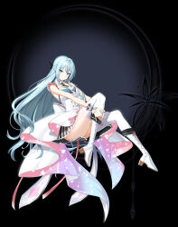 Rule 34 | 1girl, back bow, black background, black bow, black flower, blue eyes, blue hair, boots, bow, breasts, closers, crescent, cross-laced footwear, cross tie, detached collar, dress, dress bow, expressionless, flower, footwear bow, frilled bracelet, full body, hair between eyes, hair bow, hands on own leg, high heel boots, high heels, highres, knee boots, knees up, lace, lace-trimmed legwear, lace-up boots, lace trim, large breasts, long hair, looking at viewer, official art, pink bow, short dress, sitting, sleeveless, sleeveless dress, solo, striped clothes, striped dress, tachi-e, thighhighs, vertical-striped clothes, vertical-striped dress, very long hair, violet (closers), white bow, white dress, white footwear, white thighhighs