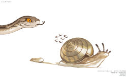 Rule 34 | animal, animal focus, detached tail, encyclopedia of living things, flying sweatdrops, highres, nishimawari kouro, no humans, official art, simple background, snail, snake, white background