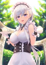 Rule 34 | apron, azur lane, belfast (azur lane), braid, breasts, chain, cleavage, collar, collarbone, corset, cup, french braid, frilled apron, frills, garden, gloves, highres, holding, holding cup, holding teapot, large breasts, maid, maid apron, maid headdress, open mouth, plate, purple eyes, solo, sunlight, teacup, teapot, tree, white apron, white gloves, white hair, yukarite