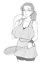 Rule 34 | 1girl, ayako (twrlare), bare shoulders, bike shorts, blush, breasts, collarbone, commentary, cowboy shot, english commentary, forehead, greyscale, holding, holding racket, huge breasts, impossible clothes, long hair, looking at viewer, mature female, mole, mole under eye, monochrome, original, parted lips, ponytail, racket, simple background, skirt, smile, solo, sweat, tank top, tennis racket, towel, twrlare, white background, wristband