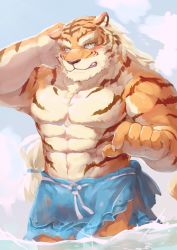 Rule 34 | 1boy, abs, alternate costume, animal ears, bara, blush, bulge, costume request, furry, furry male, hand on own head, highres, long hair, looking at viewer, male focus, mowang yu, muscular, muscular male, navel, nipples, orange fur, pang (sdorica), sdorica, see-through, solo, stomach, swimsuit, thick eyebrows, thick thighs, thighs, tiger boy, tiger ears, topless male, wading, water, wet, wet clothes, wet swimsuit
