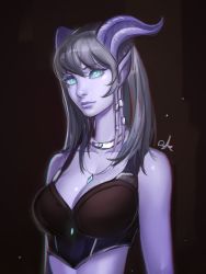 Rule 34 | 1girl, bare shoulders, blue eyes, blue sclera, bra, breasts, brown bra, cleavage, closed mouth, colored sclera, colored skin, distr, draenei, grey hair, highres, horns, large breasts, long hair, looking at viewer, pointy ears, purple skin, signature, smile, solo, tentacles, underwear, upper body, warcraft, world of warcraft