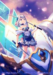 Rule 34 | 1girl, bare shoulders, blue eyes, company name, copyright name, dual wielding, floral print, holding, holding sword, holding weapon, katana, looking at viewer, momoshiki tsubaki, nail polish, official art, over shoulder, silver hair, skirt, solo, standing, sword, weapon, z/x