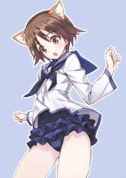 Rule 34 | 1girl, :o, adapted costume, animal ears, bad id, blush, brown eyes, brown hair, dog ears, double flare skirt one-piece, frilled swimsuit, frills, highres, matsuryuu, miyafuji yoshika, nontraditional school swimsuit, outline, sailor collar, school swimsuit, short hair, simple background, solo, strike witches, swimsuit, swimsuit under clothes, uniform, world witches series