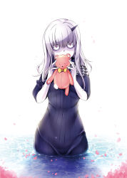 Rule 34 | 1girl, bags under eyes, black dress, commentary request, covered mouth, damaged, dress, fate/grand order, fate (series), hair between eyes, hands up, head tilt, highres, holding, holding stuffed toy, horns, lavinia whateley (fate), long hair, looking at viewer, pale skin, petals, petals on liquid, pink eyes, ruri rarako, short sleeves, simple background, single horn, solo, stuffed animal, stuffed toy, teddy bear, water, white background, white hair, wide-eyed