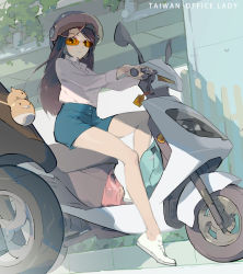 Rule 34 | 1girl, bag, blue skirt, brown hair, helmet, highres, looking at viewer, motor vehicle, office lady taiwan, original, outdoors, scooter, shirt, shoes, skirt, solo, sunglasses, tennohi, white footwear, white shirt