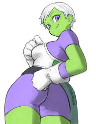 Rule 34 | 1girl, ass, breasts, cheelai, closed mouth, colored skin, dragon ball, dragon ball super, dragon ball super broly, gloves, green skin, highres, looking at viewer, medium breasts, saiyan armor, short hair, simple background, smile, solo, toshinoshin, white background, white gloves, white hair