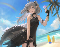 Rule 34 | 1girl, absurdres, arknights, bare arms, bare shoulders, black dress, black gloves, blue sky, cloud, commentary, cowboy shot, crocodilian tail, day, dress, food, gloves, grey eyes, grey hair, hair over one eye, hand up, highres, holding, holding food, ice cream, large tail, long hair, ocean, official alternate costume, open mouth, palm tree, pointy ears, rainbow, sky, sleeveless, sleeveless dress, solo, standing, surfboard, tadano tarako, tail, tomimi (arknights), tree, two side up, water