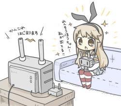 Rule 34 | 10s, 1girl, bad id, bad pixiv id, brown eyes, brown hair, couch, hairband, kantai collection, long hair, meta, open mouth, rensouhou-chan, shimakaze (kancolle), sitting, sparkle, television, thighhighs, translation request, turret, yuasan