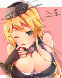 Rule 34 | 10s, 1girl, ;q, bare shoulders, blonde hair, blue eyes, breasts, cleavage, detached collar, licking finger, fingerless gloves, gloves, headgear, iowa (kancolle), kantai collection, large breasts, licking, long hair, looking at viewer, one eye closed, solo, tadashi-kun, tongue, tongue out, upper body