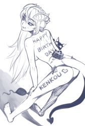 Rule 34 | 1girl, :q, ass, barefoot, bent over, bikini, black sclera, blue theme, body writing, cake, cat, colored sclera, demon girl, demon horns, demon tail, dutch angle, food, greyscale, hands on own knees, happy birthday, heart, horns, lilim (monster girl encyclopedia), long hair, looking at viewer, looking back, mari (maritan), maritan (pixelmaritan), monochrome, monster girl encyclopedia, pointy ears, side-tie bikini bottom, sketch, smile, solo, swimsuit, tail, tongue, tongue out