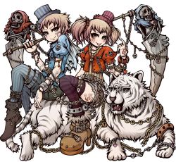 Rule 34 | 1boy, 1girl, :p, belt, bracelet, brother and sister, brown eyes, brown hair, chain, cirque du monster, futago no shinigami adam &amp; eva, hat, heart, jewelry, official art, project.c.k., scythe, short hair, shorts, siblings, sitting, skeleton, skull, striped clothes, striped thighhighs, tattoo, thighhighs, tiger, tongue, tongue out, twins, twintails, white background