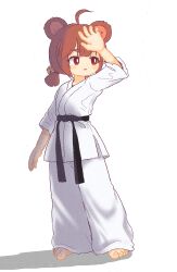 Rule 34 | 1girl, ahoge, animal ears, arm up, barefoot, bear ears, belt, black belt, brown hair, commentary request, dougi, full body, highres, kuma-bound, low twintails, martial arts belt, medium hair, open mouth, original, red eyes, short twintails, simple background, solo, standing, toes, twintails, white background