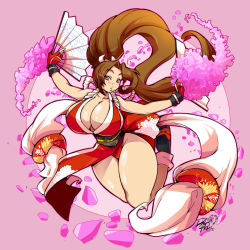 Rule 34 | 1girl, absurdres, bare shoulders, black footwear, blush, breasts, brown eyes, brown hair, cleavage, dragoontequila, fan, fatal fury, female focus, fingerless gloves, gloves, hand fan, highres, holding, holding fan, huge breasts, japanese clothes, long hair, matching hair/eyes, parted lips, pelvic curtain, petals, pink background, ponytail, red gloves, shiny skin, shiranui mai, simple background, sleeveless, solo, the king of fighters, thick thighs, thighs