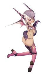 Rule 34 | 1girl, :o, armor, ass, bare shoulders, blush, commentary, dark-skinned female, dark skin, demon girl, dragon tail, from behind, grey hair, highres, jungki dr, kneeling, looking at viewer, open mouth, original, panties, pink eyes, pink hair, pink panties, short hair, simple background, solo, tail, underwear, white background, wings