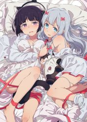 Rule 34 | 2girls, animal ears, barefoot, bdsm, bed, bed sheet, blue eyes, blunt bangs, blush, bondage, bound, bow, breasts, cleavage, commentary request, dress, eromanga sensei, fake animal ears, fake tail, hair bow, izumi sagiri, long hair, looking at viewer, lying, medium breasts, multiple girls, no shoes, ogipote, on back, on bed, on side, parted lips, pillow, pink bow, purple eyes, red ribbon, ribbon, ribbon bondage, senju muramasa, short hair, sideboob, sidelocks, silver hair, socks, stuffed animal, stuffed toy, tail