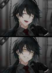 Rule 34 | 1boy, ^ ^, absurdres, black hair, chain, closed eyes, closed mouth, collared shirt, earrings, grey shirt, highres, jewelry, long hair, looking at viewer, low ponytail, makura wet, male focus, neck tattoo, necktie, open mouth, original, red necktie, shaded face, shirt, side ponytail, smile, solo, tattoo, teeth, yellow eyes