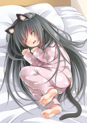 Rule 34 | 1girl, animal ears, barefoot, bed, black hair, cat ears, child, creek (moon-sky), drooling, artistic error, fake animal ears, feet, fetal position, highres, long hair, lying, on side, open mouth, original, pajamas, pillow, sleeping, soles, solo, tail, toes, very long hair, wrong foot, youjo (creek (moon-sky))
