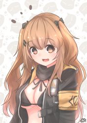 Rule 34 | 1girl, 404 logo (girls&#039; frontline), :3, absurdres, armband, bikini, bikini top only, breasts, brown eyes, brown hair, cleavage, clip studio paint (medium), girls&#039; frontline, hair between eyes, hair ornament, hair ribbon, hairclip, highres, hiromaster sinta jh, hood, hood down, hooded jacket, jacket, large breasts, long hair, open clothes, open jacket, open mouth, ribbon, scarf, smile, solo, swimsuit, twintails, ump9 (girls&#039; frontline)