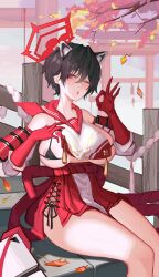 Rule 34 | 1girl, absurdres, animal ears, bikini, black bikini, black hair, blue archive, blush, breasts, cleavage, elbow gloves, gloves, hair between eyes, halo, highres, horns, large breasts, leaf, looking at viewer, micro bikini, one eye closed, open mouth, red gloves, red sailor collar, red skirt, rope, sailor collar, short hair, sitting, skirt, solo, swimsuit, tail, thighs, tsubaki (blue archive), two-tone shirt, weapon, yaoshan shi