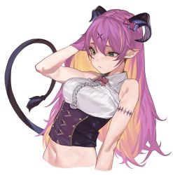 Rule 34 | 1girl, green eyes, hand in own hair, highres, hololive, horns, looking down, mano aloe, midriff, navel, pointy ears, purple hair, r u i (s 1cll), simple background, solo, tail, upper body, virtual youtuber, white background