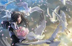 Rule 34 | 1girl, bird, black hair, bouquet, cloud, cloudy sky, dove, floating hair, flower, flying, from side, holding, holding bouquet, looking at viewer, medium hair, misaki shizuno, parted lips, petals, pilot suit, pink flower, purple eyes, sky, smile, solo, yunamik, zegapain