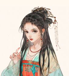 Rule 34 | 1girl, bead necklace, beads, black hair, chinese clothes, closed mouth, commentary request, dress, earrings, facial mark, forehead mark, hair beads, hair bun, hair ornament, hanfu, jewelry, long hair, long sleeves, looking at viewer, necklace, original, qixiong ruqun, realistic, ruqun, simple background, single hair bun, solo, upper body, white background, yingzi xiaohongshu