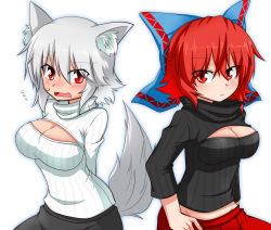Rule 34 | 2girls, alternate costume, animal ears, bad id, bad pixiv id, blush, bow, breasts, cleavage, cleavage cutout, clothing cutout, flying sweatdrops, hair bow, inubashiri momiji, large breasts, long sleeves, meme attire, multiple girls, open-chest sweater, open mouth, red eyes, red hair, ribbed sweater, sekibanki, silver hair, skirt, sumiya nadateru, sweater, tail, touhou, turtleneck, wavy mouth, wolf ears, wolf tail