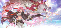 Rule 34 | 1girl, absurdres, alchemy stars, belt, belt buckle, black coat, black gloves, buckle, cherry blossoms, closed mouth, cloud, coat, commentary, cowboy shot, dragon, eastern dragon, english commentary, gloves, highres, hiiro (alchemy stars), holding, holding sheath, holding sword, holding weapon, jun wei, katana, long sleeves, looking afar, navel, pants, pink hair, red eyes, sarashi, sheath, short hair, signature, solo, sword, weapon, white pants, wind