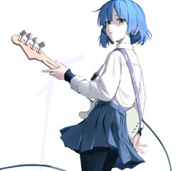 Rule 34 | 1girl, absurdres, bass guitar, black pantyhose, black sleeves, blue hair, blue skirt, blunt ends, bocchi the rock!, cable, collar, collared shirt, commentary, cowboy shot, electric guitar, fender precision bass, franz2543, from side, guitar, hair ornament, hairclip, highres, holding, holding instrument, instrument, looking at viewer, microphone stand, mole, mole under eye, music, pantyhose, playing instrument, pleated skirt, shirt, shirt tucked in, short hair, simple background, skirt, solo, strap, white background, white collar, white shirt, yamada ryo, yellow eyes