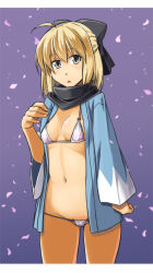 Rule 34 | 1girl, :o, ahoge, alto-00, bikini, black bow, blonde hair, bow, cowboy shot, fate/grand order, fate (series), gluteal fold, gradient background, grey eyes, hair bow, highres, japanese clothes, letterboxed, micro bikini, navel, okita souji (fate), okita souji (koha-ace), petals, scarf, shinsengumi, solo, standing, swimsuit