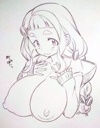 Rule 34 | 1girl, :3, blush, breasts, closed mouth, commentary request, hands on own chest, highres, huge breasts, large breasts, long hair, long sleeves, looking at viewer, machita chima, monochrome, nijisanji, nipples, seed, solo, sunflower seed, sweater, thick eyebrows, traditional media, tsukareta san, upper body, virtual youtuber