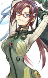 Rule 34 | 00s, 1girl, arms up, bad id, bad pixiv id, blue eyes, brown hair, evangelion: 2.0 you can (not) advance, glasses, grin, hairband, kuzuvine, long hair, makinami mari illustrious, neon genesis evangelion, plugsuit, rebuild of evangelion, simple background, smile, solo, twintails, white background