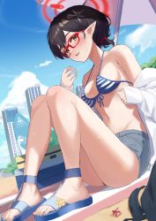 Rule 34 | 1girl, absurdres, ayane (blue archive), beach, bikini, black hair, blue archive, blue footwear, blue sky, breasts, cleavage, cloud, commentary request, day, dutch angle, feathers, flower, from side, front-tie top, glasses, grey shorts, hair flower, hair ornament, hair tie, halo, highres, knees up, long sleeves, looking at viewer, medium breasts, navel, off shoulder, open clothes, open mouth, open shirt, outdoors, pointy ears, red feathers, sand, sandals, shirt, short hair, shorts, sitting, sky, solo, stone (ksorede), striped bikini, striped clothes, swimsuit, umbrella, white shirt, yellow eyes