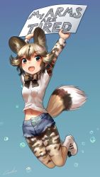 Rule 34 | 10s, 1girl, :d, african wild dog (kemono friends), african wild dog print, animal ears, arms up, blonde hair, boots, bow, bowtie, brown hair, collared shirt, commentary request, cutoffs, denim, denim shorts, dog ears, dog tail, english text, extra ears, fang, grey hair, highres, irony, jumping, kemono friends, long sleeves, looking at viewer, midriff peek, multicolored hair, navel, open mouth, pantyhose, print pantyhose, shirt, short hair, short sleeves, shorts, sign, smile, solo, tail, welt (kinsei koutenkyoku)