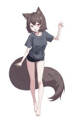 Rule 34 | 1girl, absurdres, animal ear fluff, animal ears, arm at side, bare legs, barefoot, black shorts, brown hair, crossed bangs, dolphin shorts, ellu, full body, grey shirt, hand up, highres, looking at viewer, open mouth, original, red eyes, shirt, short hair, short shorts, shorts, simple background, solo, tail, white background