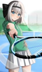 Rule 34 | 1girl, absurdres, alternate costume, black hairband, blue eyes, blurry, blurry background, closed mouth, collared shirt, depth of field, ghost, green shirt, grey eyes, hairband, highres, holding, holding racket, konpaku youmu, konpaku youmu (ghost), looking at viewer, outdoors, racket, ramiki, shirt, short hair, smile, solo, sportswear, tennis court, tennis racket, tennis uniform, touhou