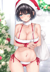 Rule 34 | 1girl, arms under breasts, bag, bare arms, bare shoulders, bikini, black hair, blue eyes, blurry, blurry background, blush, breast hold, breasts, christmas, christmas tree, cleavage, collarbone, commentary request, cowboy shot, crop top, fur-trimmed bikini, fur choker, fur trim, gluteal fold, halterneck, hat, highres, holding, holding bag, large breasts, looking at viewer, navel, original, pom pom (clothes), santa bikini, santa costume, santa hat, side-tie bikini bottom, stomach, swimsuit, thighs, wing (aiastor)