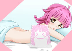 Rule 34 | &gt; &lt;, 1girl, absurdres, ahoge, bed sheet, blue background, blunt bangs, blunt ends, blush, chestnut mouth, commentary, completely nude, convenient censoring, drawing, highres, kinnikku, looking at viewer, love live!, love live! nijigasaki high school idol club, lying, nude, hugging object, on bed, on stomach, pillow, pillow hug, pink hair, rina-chan board, short hair, solo, tennoji rina, wavy mouth, yellow eyes