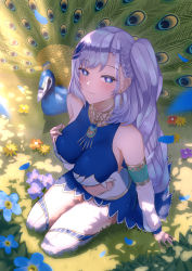 Rule 34 | 1girl, absurdres, asymmetrical bangs, bare shoulders, bird, blue dress, blue flower, blush, braid, braided bangs, breasts, bright pupils, clothing cutout, detached sleeves, dress, earrings, flower, gem, grass, green eyes, hair ornament, highres, hololive, hololive indonesia, jewelry, large breasts, long hair, long sleeves, looking at viewer, navel, navel cutout, necklace, on ground, one side up, pavolia reine, peacock, ryo (ryo artys), see-through, seiza, short dress, silver hair, sitting, smile, smirk, solo, thighhighs, very long hair, virtual youtuber, white pupils, white thighhighs