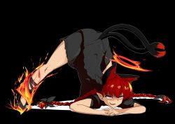 Rule 34 | 1girl, animal ears, black background, black dress, black footwear, braid, cat ears, cat tail, dress, fire, full body, jack-o&#039; challenge, kaenbyou rin, long hair, mizuga, multiple tails, nekomata, open mouth, own hands together, pointy ears, red eyes, side braids, simple background, smile, tail, top-down bottom-up, touhou, twin braids, two tails