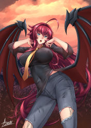 Rule 34 | 1girl, adsouto, ahoge, bat wings, blue eyes, blush, breasts, crossed bangs, demon girl, demon wings, denim, hair between eyes, high school dxd, highres, huge ahoge, jeans, large breasts, large wings, long hair, necktie, open mouth, pants, red hair, rias gremory, shirt, solo, standing, taut clothes, taut shirt, thighhighs, torn clothes, very long hair, wings, yellow necktie