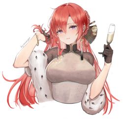 Rule 34 | 1girl, azur lane, black gloves, braid, breasts, champagne flute, china dress, chinese clothes, crown braid, cup, dress, drinking glass, feather boa, gloves, gold trim, hair fan, half gloves, hand in own hair, highres, holding, holding cup, impossible clothes, impossible dress, large breasts, looking at viewer, monarch (azur lane), monarch (black gerard) (azur lane), monarch (black gerard) (azur lane), mungersky, official alternate costume, purple eyes, red hair, simple background, solo, upper body, white background